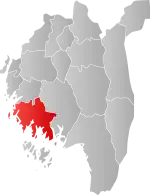Mapa do condado de Østfold com Fredrikstad em destaque.