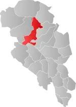 Mapa do condado de Oppland com Vågå em destaque.