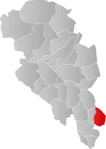 Mapa do condado de Oppland com Østre Toten em destaque.