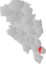 Mapa do condado de Oppland com Vestre Toten em destaque.
