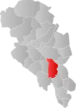 Mapa do condado de Oppland com Nordre Land em destaque.
