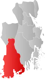 Mapa do condado de Vestfold com Larvik em destaque.