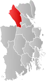 Mapa do condado de Vestfold og Telemark com Hof em destaque.