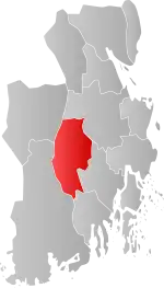 Mapa do condado de Vestfold og Telemark com Andebu em destaque.