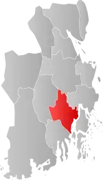 Mapa do condado de Vestfold og Telemark com Stokke em destaque.