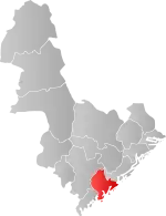 Mapa do condado de Aust-Agder com Grimstad em destaque.