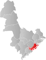 Mapa do condado de Aust-Agder com Arendal em destaque.