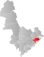 Mapa do condado de Aust-Agder com Tvedestrand em destaque.