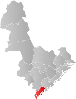 Mapa do condado de Agder com Lillesand em destaque.