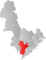 Mapa do condado de Agder com Birkenes em destaque.