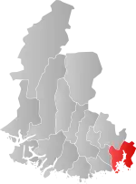 Mapa do condado de Vest-Agder com Kristiansand em destaque.