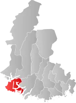 Mapa do condado de Vest-Agder com Farsund em destaque.