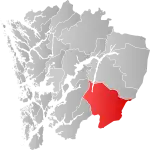 Mapa do condado de Hordaland com Odda em destaque.