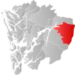 Mapa do condado de Hordaland com Eidfjord em destaque.