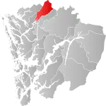 Mapa do condado de Hordaland com Modalen em destaque.