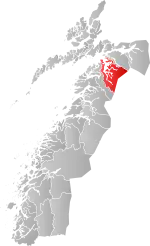 Mapa do condado de Nordland com Tysfjord em destaque.