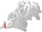 Mapa do condado de Troms og Finnmark com Harstad em destaque.