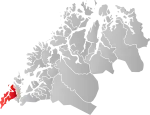 Mapa do condado de Troms com Kvæfjord em destaque.