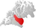 Mapa do condado de Troms com Målselv em destaque.