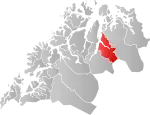 Mapa do condado de Troms com Kåfjord em destaque.
