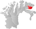 Mapa do condado de Finnmark com Vadsø em destaque.