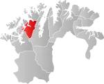 Mapa do condado de Troms og Finnmark com Kvalsund em destaque.
