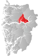 Mapa do condado de Vestland com Sogndal em destaque.
