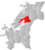 Mapa do condado de Trøndelag com Steinkjer em destaque.