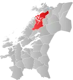 Mapa do condado de Trøndelag com Namsos em destaque.