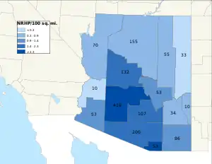 Distribuição de NRHPs nos condados do Arizona.