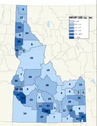 Distribuição de NRHPs nos condados do Idaho.