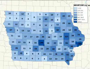 Distribuição de NRHPs nos condados de Iowa.