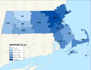 Distribuição de NRHPs nos condados de Massachusetts