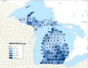 Distribuição de NRHPs nos condados do Michigan.