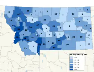 Distribuição de NRHPs nos condados de Montana.