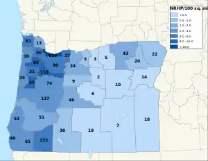 Distribuição de NRHPs nos condados do Oregon.