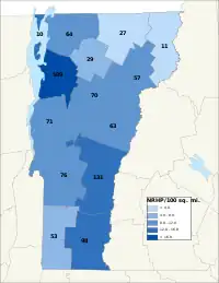 Distribuição de NRHPs nos condados de Vermont.