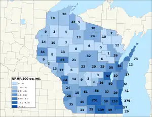Distribuição de NRHPs nos condados de Wisconsin.