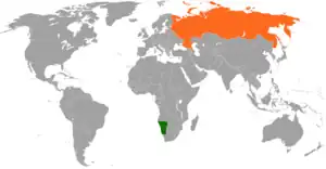 Mapa indicando localização da Namíbia e da Rússia.