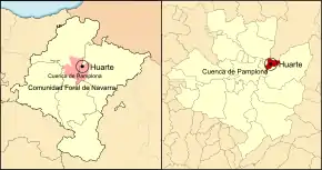 Localização do município de Huarte na Cuenca de Pamplona e em Navarra