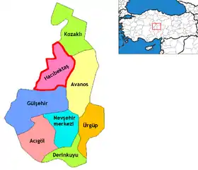 Mapa dos distritos da Província de Nevşehir com o distrito de Hacıbektaş em destaque