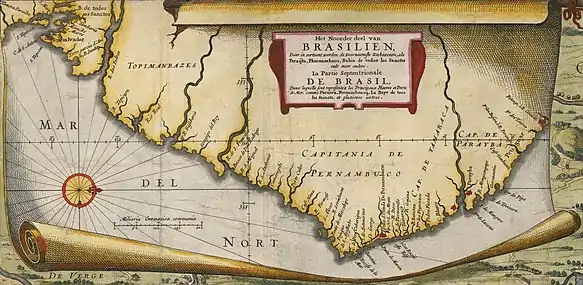 Costa nordeste do Brasil pelo renomado cartógrafo holandês Nicolaes Visscher (1618-1679). O cabo de Santo Agostinho é retratado como o extremo leste do continente americano.