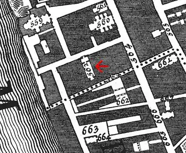 Oratorio del Gonfalone indicado pela seta vermelha.