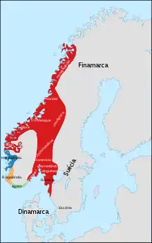 Reinos noruegueses em 872 (o reino unificado encontra-se a vermelho) antes da batalha decisiva do fiorde de Hafrs.