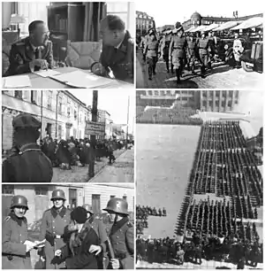 * No sentido horário, a partir do canto superior esquerdo: Kurt Daluege (à direita), Chefe da Polícia da Ordem, com Heinrich Himmler, 1943
* Inspeção de unidade em Estrasburgo, 1940: Daluege (centro), com Bomhard e Winkler
* Ordnungspolizei em Minsk, Reichskommissariat Ostland, 1943
* Ataque policial no Gueto de Cracóvia, janeiro de 1941
* Biała Podlaska Ação de liquidação do gueto, 1942