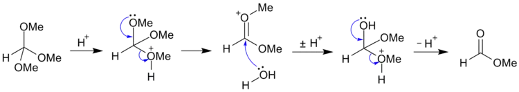 Hydrolysis of methyl orthoformate to methyl formate