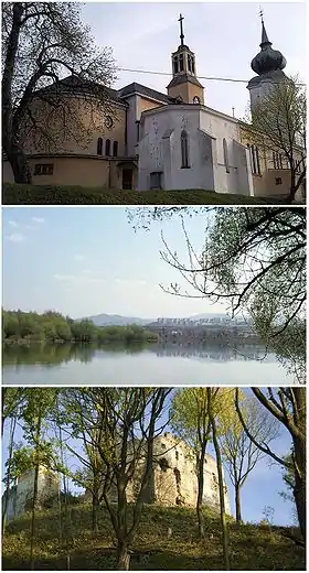 De cima para baixo: Igreja da Visitação da Virgem Maria; Vista da cidade; Vista do Castelo de Považský
