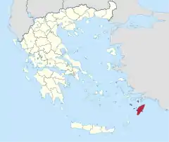 Mapa da Grécia, com a unidade regional de Rodes em destaque.