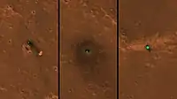 Três imagens registradas pela câmera HiRISE, da sonda Mars Reconnaissance Orbiter. Da esquerda para a direita: os paraquedas, a sonda, e o escudo de proteção da InSight.