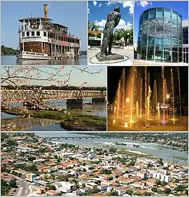 Da esquerda para a direita: Vapor Benjamim Guimaraes, Praça dos Cariris, Centro de Convenções. Ao Meio: Ponte Marechal Hermes, Fonte Luminosa. Abaixo: skyline parcial de Pirapora.